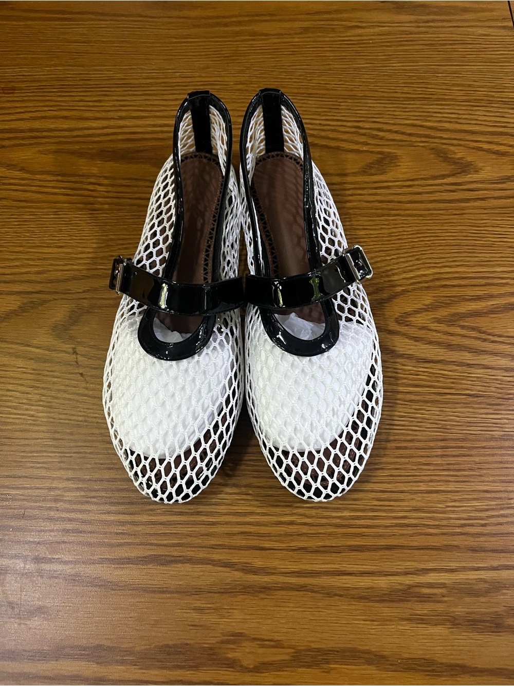 White Mesh Mary Jane Flats with Black Patent Trim Size 40